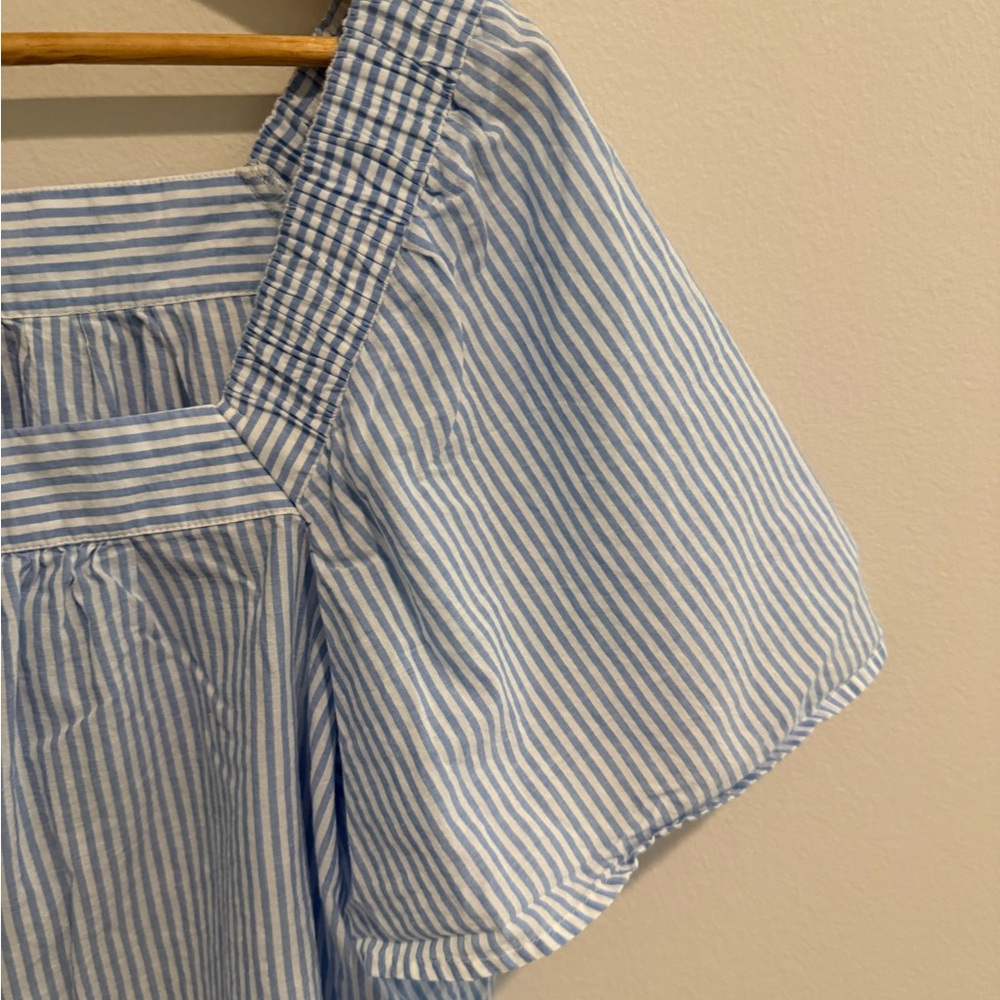 Loft Blue White Stripe Square Neck Flutter Sleeve Embroidered Eyelet Detail XL - Picture 3 of 11